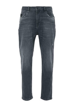 Jeans grigi scuri a vestibilità slim, con lievi segni di usura sulle cosce, design classico a cinque tasche e chiusura con bottone in vita.