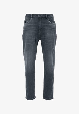 Jeans grigi scuri a vestibilità slim, con lievi segni di usura sulle cosce, design classico a cinque tasche e chiusura con bottone in vita.