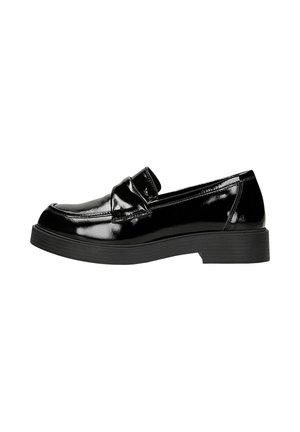 Black patent leather loafer with a low, textured sole. Features a rounded toe and a panel detail across the front.