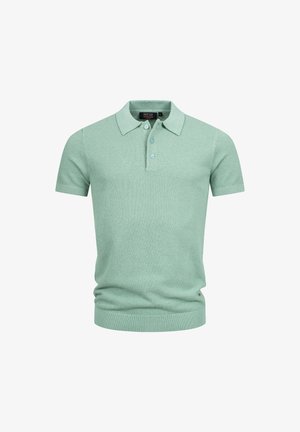 Ljusgrön kortärmad stickad polo med tre knappar samt ribbade muddar och nederkant, visad på en vit bakgrund.