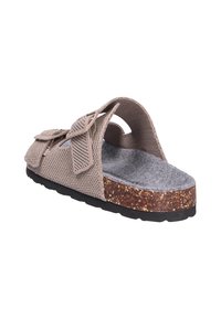 Beige textile Riemensandale mit zwei verstellbaren Riemen, Kork-Mittelsohle und strukturierter grauer Fußbett. Schwarze Gummi-Sohle für besseren Halt.