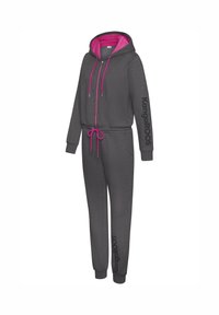 Gray hooded jumpsuit featuring a pink interior, adjustable drawstring waist, side pockets, and black logo on the left sleeve and leg.