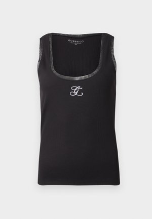 Top a manica lunga nero a coste con scollatura a girocollo e bordi a contrasto. Logo bianco ricamato sul petto. Tessuto morbido con un design aderente.