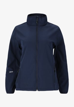 Marineblauwe softshell jas met een hoge kraag, ritssluiting aan de voorkant en zijzakken. Zachte textuur met waterafstotende eigenschappen.