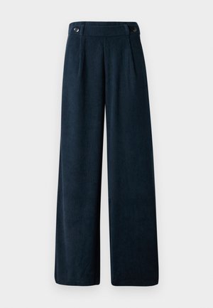 Wijdvallende broek in donkerblauwe ribstof, met een hoge tailleband, twee plooien aan de voorkant en twee knoopaccenten bij de taille.
