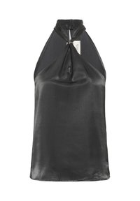 Must mustriba halterneck top, mille musta satiiniga, sõlmedetailiga kaeluses, sileda tekstuuriga ja vabade lõigetega. Selg on peamiselt katmata, andes minimaalse ilme.