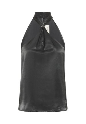 Černý saténový halter top s uzlovým detailem na výstřihu, hladkou texturou a volným střihem. Zadní část je převážně odkrytá pro minimalistický vzhled.