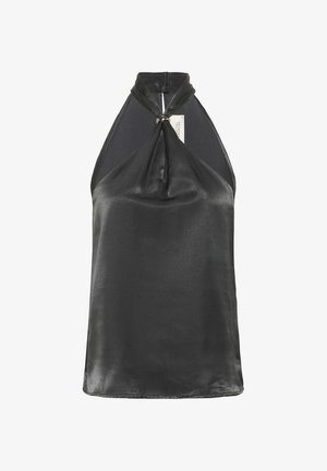 Top halter de satén negro con detalle de escote anudado, textura suave y corte holgado. La espalda está mayormente descubierta para un look minimalista.