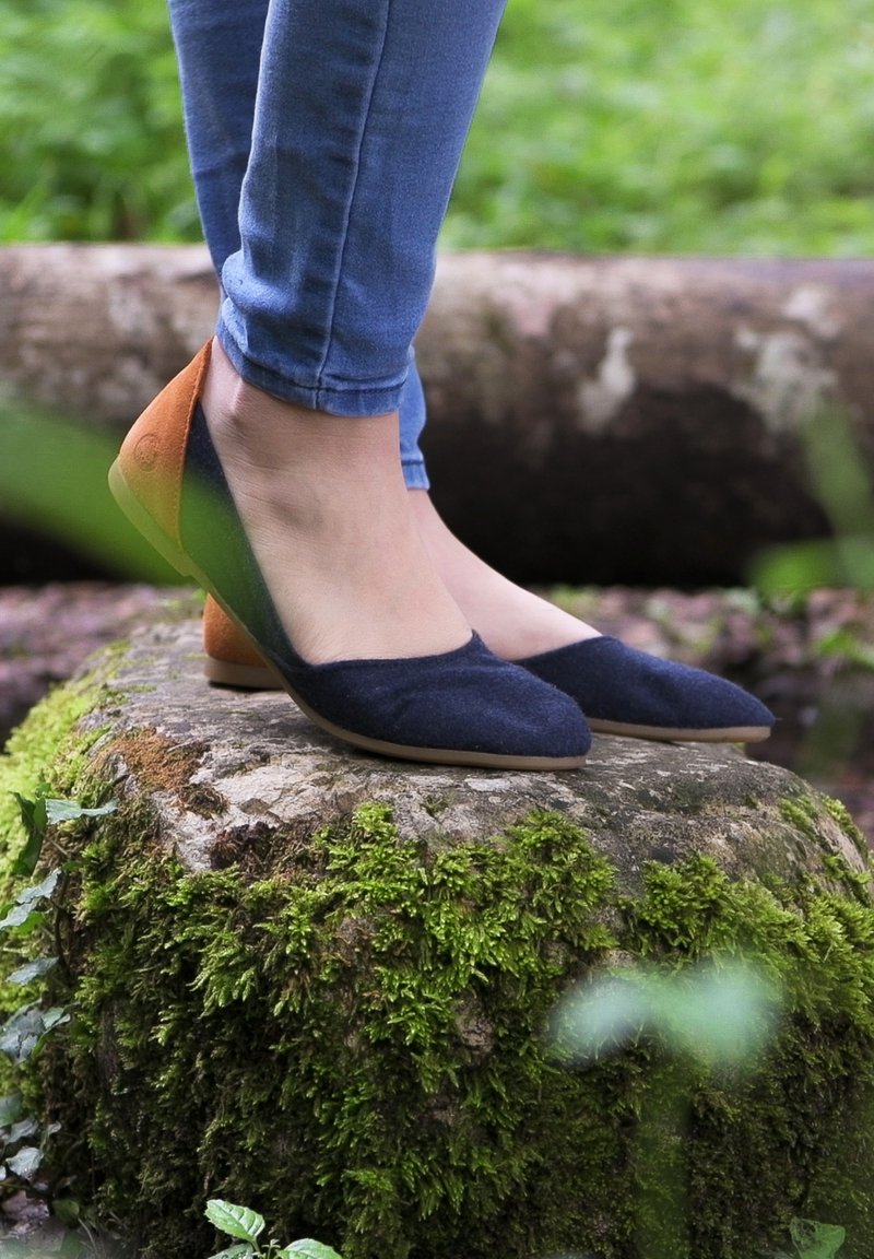 Blå tygskor med spetsig tå och en beige klack. Skon har en strukturerad yta och vilar på en mossa-täckt sten.