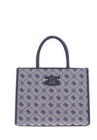 Borse tote in tessuto grigio con motivo logo blu navy, caratterizzata da due manici arrotondati e una placca logo frontale con accenti metallici.