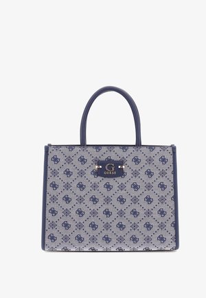 Borse tote in tessuto grigio con motivo logo blu navy, caratterizzata da due manici arrotondati e una placca logo frontale con accenti metallici.