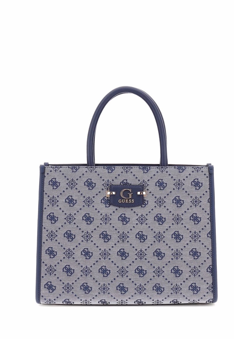 Borse tote in tessuto grigio con motivo logo blu navy, caratterizzata da due manici arrotondati e una placca logo frontale con accenti metallici.