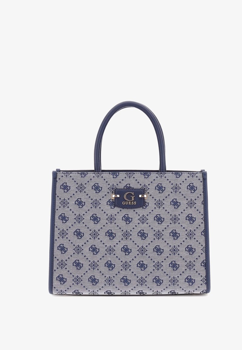 Borse tote in tessuto grigio con motivo logo blu navy, caratterizzata da due manici arrotondati e una placca logo frontale con accenti metallici.