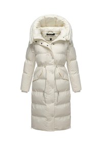 Puffy white long coat with a hood, featuring quilted texture, drawstring waist, two front pockets, and snap button closure.