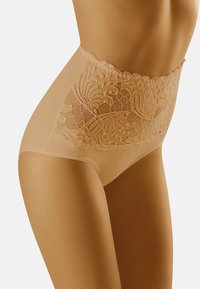 Beiga högmidjade trosor med en blommig spetsöverdel, texturerad spetsmidja och en slät, genomskinlig nederdel.