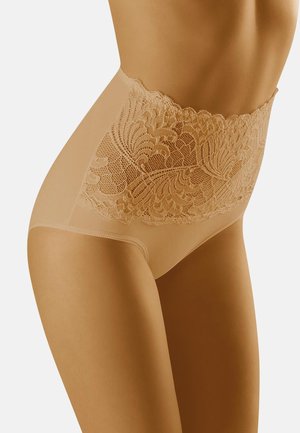 Beige hoge taille slip met een bloemenkant lijfje, een gestructureerde kant tailleband en een gladde, doorzichtige onderkant.