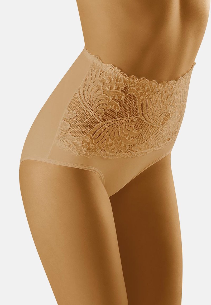 Beiga högmidjade trosor med en blommig spetsöverdel, texturerad spetsmidja och en slät, genomskinlig nederdel.