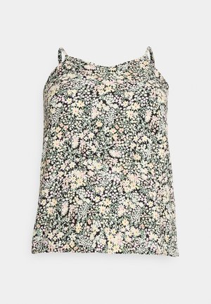Black sleeveless floral camisole with thin straps and small pastel yellow, pink, and white flower pattern.