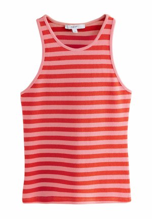 Rot- und rosa gestreiftes Tanktop aus weichem Strickstoff, mit Rundhalsausschnitt und ärmellosem Design. Keine zusätzlichen Details oder Verzierungen.