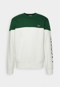 Groene en witte colorblock-trui met ronde hals, geribbelde manchetten, geborduurd logo op de borst en bedrukt tekst langs de mouw.
