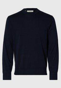 Granatowy sweter dzianinowy z okrągłym dekoltem i długimi rękawami, z prążkowanymi mankietami i dołem. Miękka faktura z dopasowanym krojem.