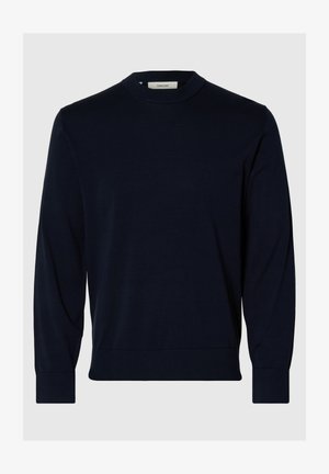 Navyblauw gebreid sweater met een ronde halslijn en lange mouwen, voorzien van geribbelde manchetten en een zoom. Zachte textuur met een getailleerde pasvorm.