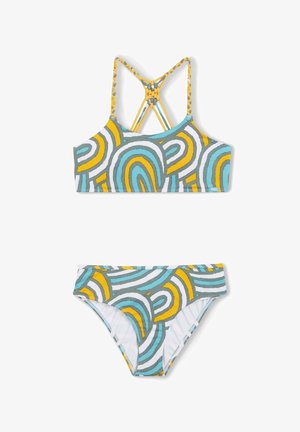 Dwuczęściowy kostium kąpielowy z wzorzystym topem w wielokolorowe łuki w jasnoniebieskim, żółtym i szarym kolorze oraz dopasowanymi, niskimi majtkami bikini.