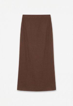 Jupe midi marron taille haute, coupe droite, en tissu texturé, présentée à plat sur un fond blanc.