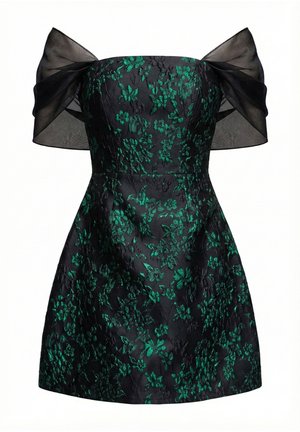 Goddiva, LACE UP JACQUARD MINI DRESS WITH ORGANZA WINGS - Cocktailjurk - emeraldblack
