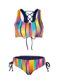 Ensemble de bikini à rayures multicolores comprenant un haut bralette avec un dos croisé et des liens ajustables sur le bas.