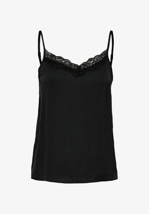 Schwarzes ärmelloses Camisole mit verstellbaren dünnen Trägern und Spitze entlang des V-förmigen Ausschnitts.