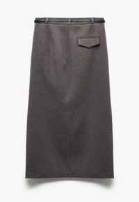 Grå blyantskørt med en glat tekstur, knælangt design, baglomme og en sort talje med bæltesløjfer.
