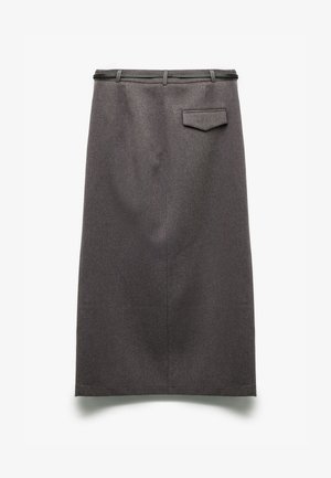 Grauer Bleistiftrock mit glatter Textur, knielangem Design, Gesäßtasche und schwarzem Bund mit Gürtelschlaufen.