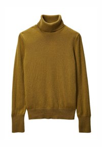 Pull à col roulé couleur moutarde en tissu doux, avec poignets côtelés et coupe ajustée. Texture lisse sans motifs visibles.