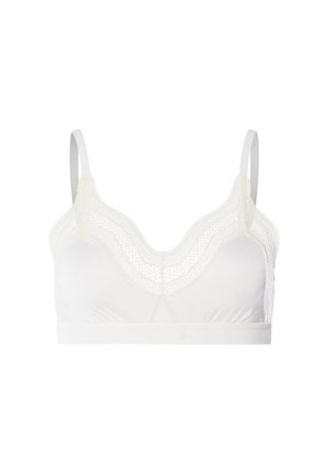 Hvid bralette med blondekant, med justerbare tynde skulderstropper og en bred støttende underbånd.