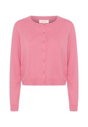 Rosa Cardigan mit langen Ärmeln, rundem Ausschnitt und Knopfverschluss. Hergestellt aus weichem, strukturiertem Stoff, mit cropped Design und ribbeltem Saum.