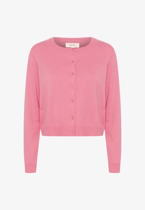 Ružový kardigán s dlhými rukávmi, okrúhlym výstrihom a zapínaním na gombíky. Vyrobený z mäkkej, textúrovanej tkaniny, s krátkym strihom a rebrovaným lemom.