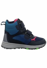 Zapatilla deportiva de medio corte en azul marino y verde azulado con acentos en rosa. Presenta tiras de velcro, parte superior texturizada y una suela gris con detalles en verde.