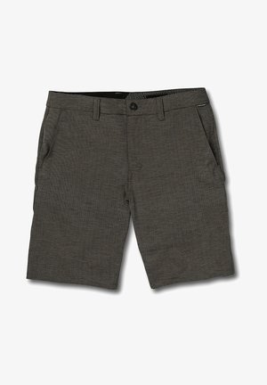 Herren-Shorts in Dunkelgrau aus strukturiertem Stoff, mit Knopfverschluss, Gürtelschlaufen und Seitentaschen. Moderner, taillierter Schnitt mit klaren Linien.
