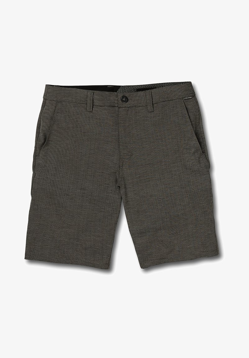 Shorts pour hommes en gris foncé, fabriqués dans un tissu texturé, avec une fermeture à bouton, des passants de ceinture et des poches latérales. Coupe moderne et ajustée avec des lignes épurées.
