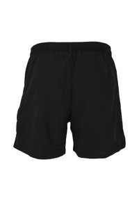 Schwarze Sportshorts mit elastischem Bund, leichtem Stoff und seitlichen Taschen. Einfaches Design, in der Mitte des Oberschenkels. Keine Muster oder Akzente.