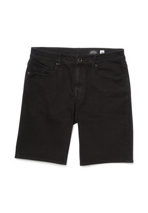 Shorts en denim noir avec fermeture à boutons à l'avant, passants pour ceinture et design à cinq poches, présentés à plat sur un fond blanc.