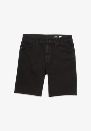 Shorts en denim noir avec fermeture à boutons à l'avant, passants pour ceinture et design à cinq poches, présentés à plat sur un fond blanc.