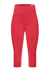 Leggings rouges, extensibles, taille mi-haute avec une large ceinture et une longueur cropped. Texture lisse, sans motifs ni accessoires visibles.