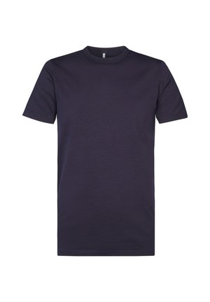 Einfaches kurzärmeliges T-Shirt mit Rundhalsausschnitt in einfarbigem Dunkelblau, vor weißem Hintergrund dargestellt.