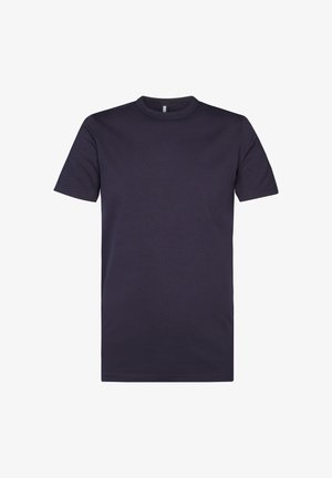 Navyblaues T-Shirt mit kurzen Ärmeln aus Baumwolle, mit einem Rundhalsausschnitt und einer glatten Textur, einfaches Design ohne Muster oder Akzente.