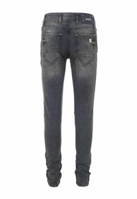 Donkergrijze denimjeans met een slim fit, voorzien van vijf zakken, een vervaagde textuur en een klein logopatch op de tailleband.