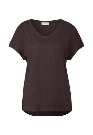Dunkelbraunes T-Shirt mit kurzen Ärmeln und lässiger Passform, V-Ausschnitt und subtiler Textur. Es hat einen abgerundeten Saum und hochgekrempelte Ärmeln.