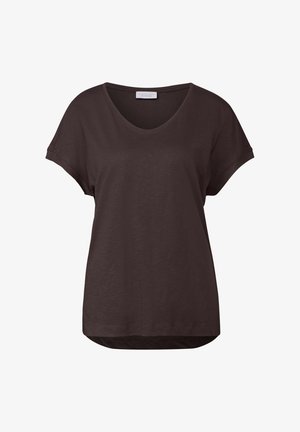 Mørkebrun kortærmet T-shirt med løs pasform, V-udskæring og subtil struktur. Har en buet bund og optrukne ærmer.