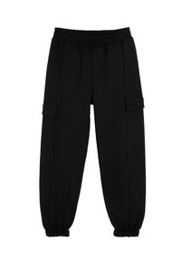 Schwarze Cargo-Hosen aus weichem Stoff, mit elastischem Bund, tapered Beinen und zwei Seitentaschen. Glatte Textur ohne Muster.